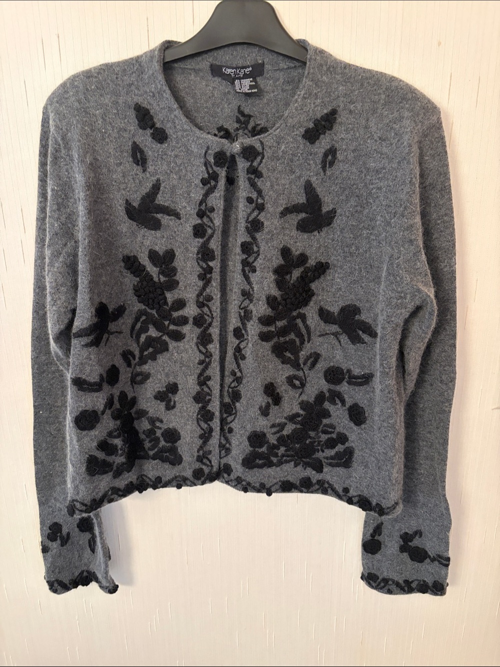 Karen Kane Gray Cardigan with Black Embroidered Bird & Floral Motifs